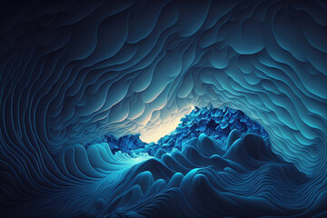 Poster - Ocean surface is a deep blue color as seen from below. Abstract underwater fractal waves with light coming through. Generative AI