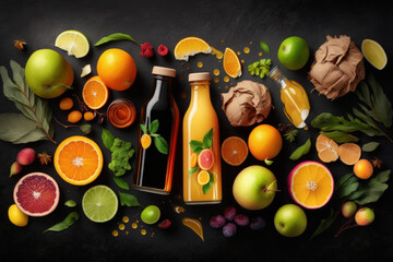 Poster - Bottles of delectable juices and fresh ingredients are arranged in a flat lay composition on a black table. Generative AI