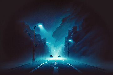 Wall Mural - Rays of sunlight reflecting off of a dark street's moist asphalt Smoke fog on an abstract dark blue background Illustration of a neon lit, dark, empty setting. Generative AI