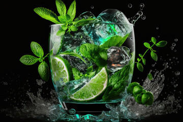 Poster - Cooling mojito with ice, fresh mint, and lime for the summer. Generative AI