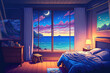 Anime background interior bedroom design including a beach theme in the summer and stars in the winter at night, Illustration version 01. Generative AI
