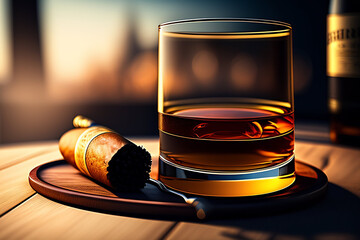 A glass of whiskey with ice and a cigar on a wooden table in a cozy interior, 3D generated image.