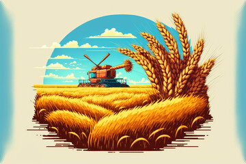 Poster - Wheat harvesting in the summer. Golden ear of ripe wheat on the field. Generative AI