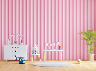 Wall Mural - Chair and table in pink child room with copy space, 3D rendering