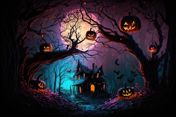 Sticker - Dark setting for Halloween. Scenery with neon pumpkins, dramatic dry branches, silhouetted trees, and a spooky night. Generative AI