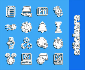 Sticker - Set line Time for book, Stopwatch, Old hourglass with sand, Day time, Management, flies on the clock, To do list planning and Ringing bell icon. Vector