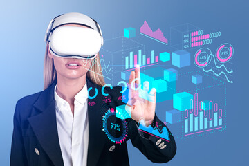 Businesswoman wearing vr headset touching financial hologram wit