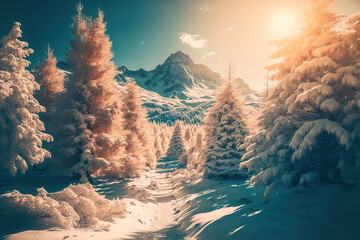 Sticker - Fantastic alpine scenery illuminated by the sun. tense winter scene Ukraine, the Ukraine, and Europe. beauty industry. vintage filter. Toning impact on Instagram. happy new year. Generative AI