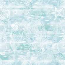 Underwater World. Seamless Vector Pattern On A Blue Watercolor Background. Perfect For Design Templates, Wallpaper, Wrapping, Fabric And Textile.