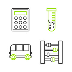 Wall Mural - Set line Abacus, School Bus, Test tube and flask chemical laboratory and Calculator icon. Vector