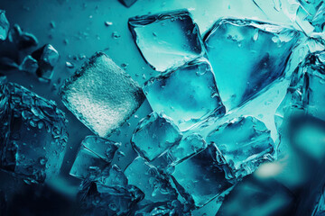 Sticker - Ice cubes in an aquamarine background. Background texture with cracked blue ice glass fragments. frozen water up close. Generative AI