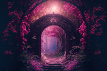 Beautiful Floral Archway Portal In A Pink Fantasy Forest Glade. Opulent Entrance For The Evil One. Travel In A Magical Way. Generative AI