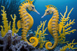 yellow seahorses swimming close to the coral (Hippocampus Taeniopterus). Generative AI