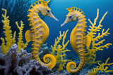 Fototapeta  - yellow seahorses swimming close to the coral (Hippocampus Taeniopterus). Generative AI