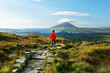 View north west from Diamond Hill above Connemara National Park Visitor Centre toward Tully Mountain, County Galway, Ireland. Woman walking dog on path
