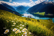 Beautiful Summer Scene In Zell Am See, Pinzgau, Salzburger Land, Austria, Europe, With A Flower Field, Snow Capped Mountains, And A Blue Lake. Generative AI