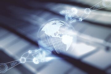Aufkleber - Abstract virtual robotics technology hologram with globe on abstract metal background, artificial intelligence and machine learning concept. Multi exposure