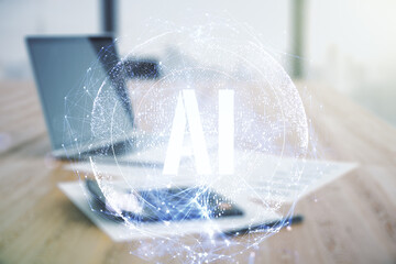 Poster - Creative artificial Intelligence symbol hologram on blurry calculator and computer background. Double exposure