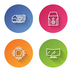 Poster - Set line Video graphic card, Uninterruptible power supply, Processor with CPU and Computer monitor screen. Color circle button. Vector