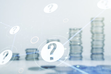 Aufkleber - Abstract virtual question mark illustration on stacks of coins background. FAQ and search concept. Multiexposure