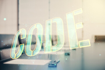 Aufkleber - Code word hologram on a modern meeting room background, artificial intelligence and neural networks concept. Multiexposure