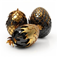 Wall Mural - Dragon Egg Isolated, Black and Gold Scaled Fantasy Eggs, Dinosaur Fossil, Dragon Egg Generative AI Illustration