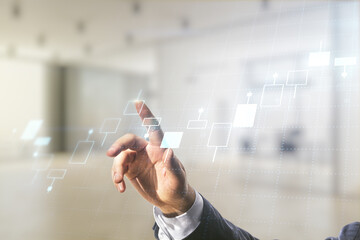 Aufkleber - Man hand working with abstract virtual financial graph on blurred office background, forex and investment concept. Multiexposure