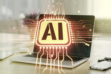Poster - creative artificial intelligence symbol concept with modern laptop on background. multiexposure