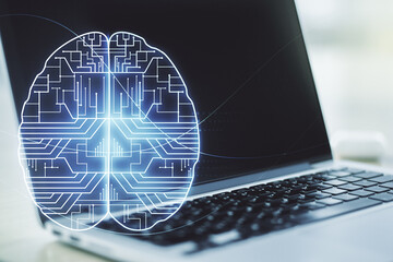 Poster - double exposure of creative human brain microcircuit with computer on background. future technology 