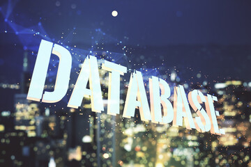 Aufkleber - Double exposure of Database word sign on blurry skyline background, global research and analytics concept