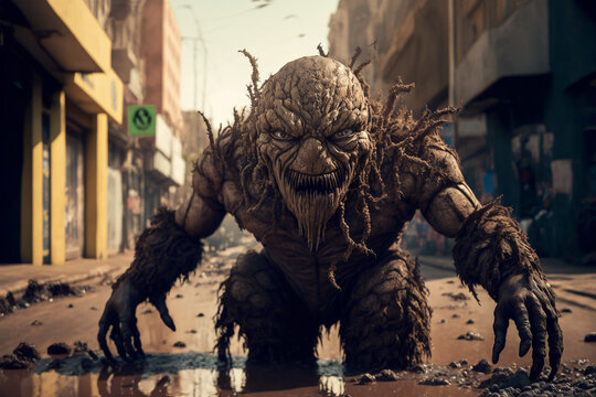 mud monster on a city street, created by a neural network, generative ai technology