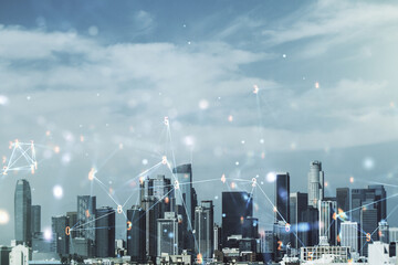 Poster - Abstract virtual wireless technology hologram on Los Angeles skyline background. Big data and database concept. Multiexposure