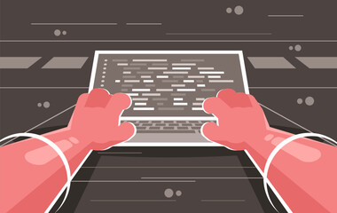 The programmer writes the program code on the laptop. Vector illustration