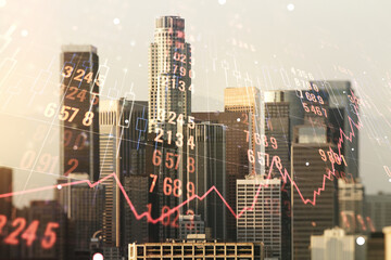 Poster - Double exposure of abstract virtual statistics data hologram on Los Angeles city skyscrapers background, statistics and analytics concept