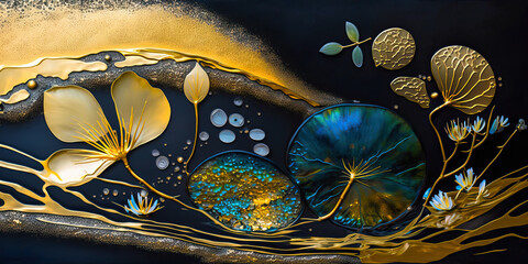 Wall Mural - Delightful banner whit lotus flowers, flowing gold and vibrant seaglass drops. Natural luxury fluid painting for cosmetics, spa, perfume, beauty salon, travel agency, florist shop. Generative AI.