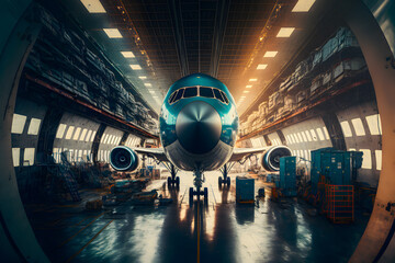 Wall Mural - Jet passenger airliner stands in a hangar outside the gate, a view directly to the fuselage and the cockpit of the nose. Generative AI technology.