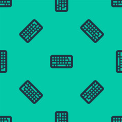 Sticker - Blue line Computer keyboard icon isolated seamless pattern on green background. PC component sign. Vector