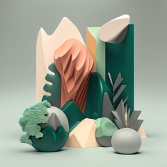 Poster - Abstract composition. Simple geometric shapes. Dark colored illustration. Floral elements. 3D rendering. Generative AI.