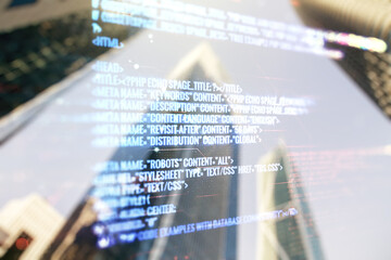 Aufkleber - Multi exposure of abstract software development hologram on modern skyscrapers background, research and analytics concept
