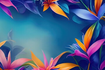 Wall Mural - Colorful vibrant floral background frame of tropical plants and flowers. Generated AI.