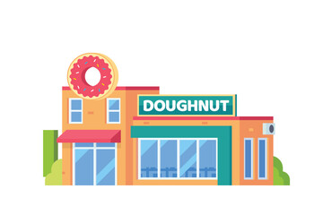 Wall Mural - Vector doughnut restaurant building flat design illustration