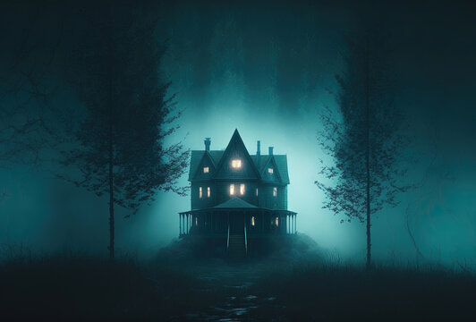 scary old haunted house in the woods. dwelling of a witch, a sorcerer. mystical creepy night fog. 3d