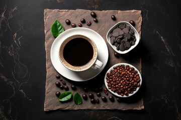 Canvas Print - in closeup On a dark table with a stone backdrop, black hot coffee for the morning is served with milk foam in a white ceramic cup, along with a napkin and roasted coffee beans. Flat lay with copy spa