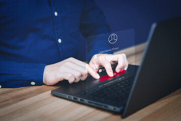 Poster - Man protecting personal data on a computer laptop and virtual interface. Cyber security concept to protect data. Secure encryption and access to the user's private information to access the internet.