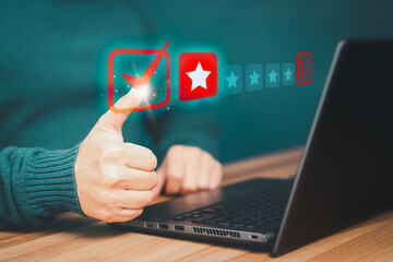Poster - Man client give one star for assessment on virtual screen. Bad review, dislike service and quality, testimonial low rating. Business service concept of customer experience dissatisfied.
