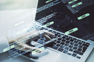 Poster - Double exposure of abstract programming language hologram with hands typing on laptop on background, research and development concept