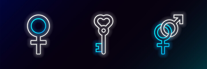 Sticker - Set line Gender, Female gender symbol and Key in heart shape icon. Glowing neon. Vector