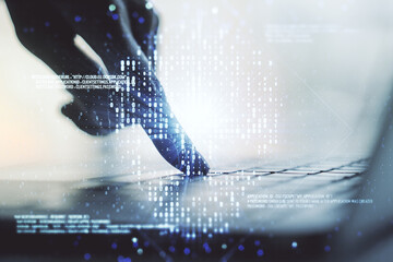 Poster - Creative code skull sketch and hands typing on computer keyboard on background, theft of personal data and malware concept. Multiexposure