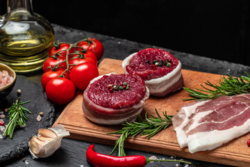 Wall Mural - Beef medallions with rosemary and spices, Food recipe background. Close up