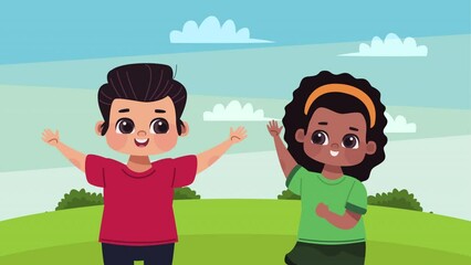 Sticker - interracial kids couple characters animation